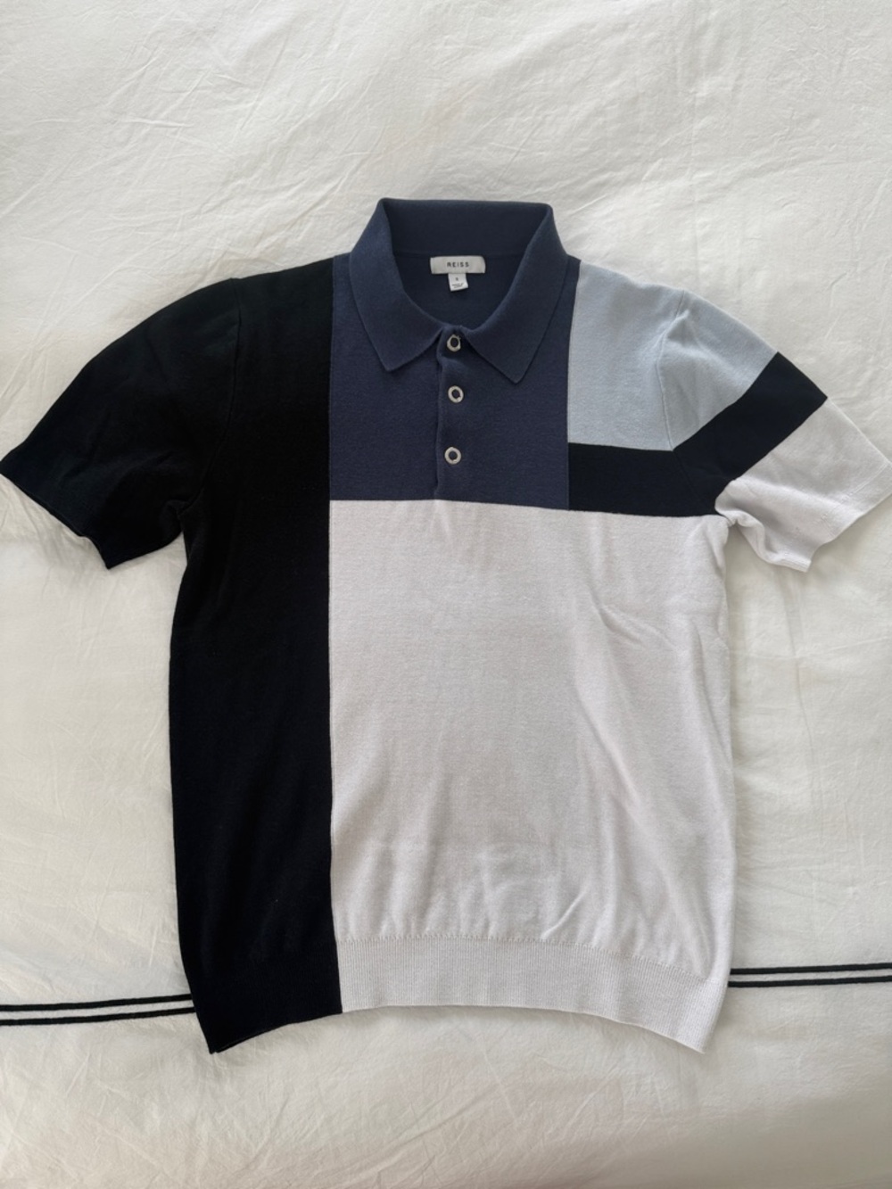 Reiss Block-Panel Short-Sleeve Polo in White, Navy & Light Blue